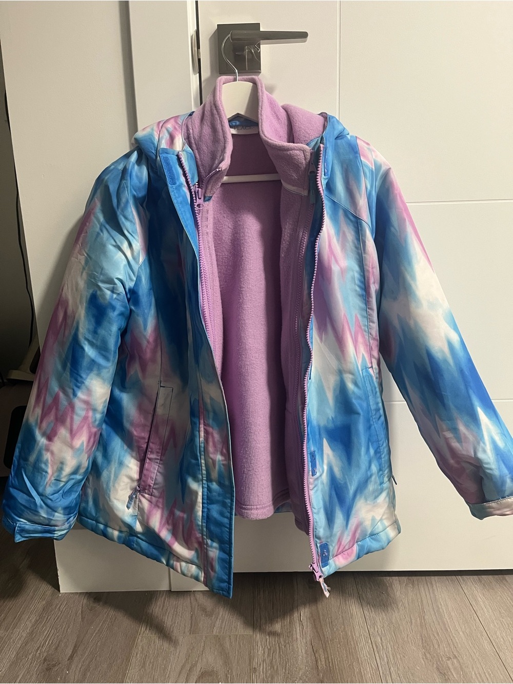 Girls' Water-Resistant Blue & Pink Patterned Jacket with Lavender Fleece Liner